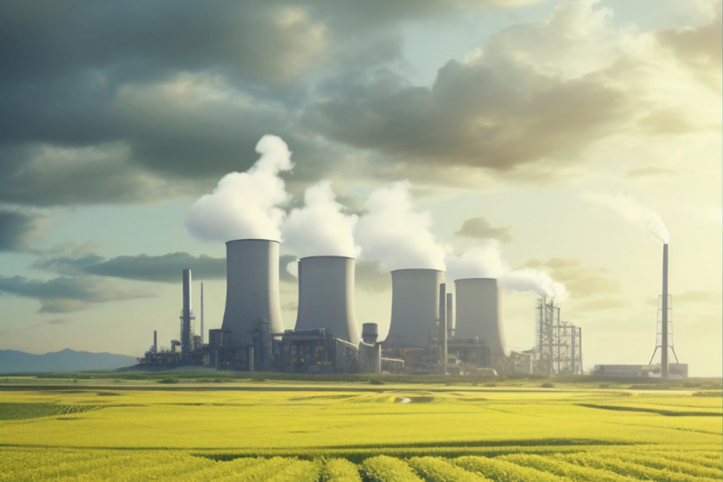 Industrial cooling towers over farmland, representing Bio CBG production